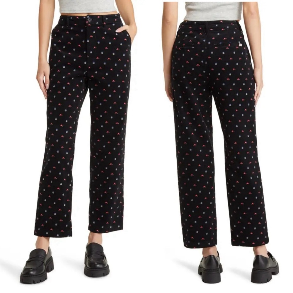 Brixton Victory Black Floral Corduroy High Rise Trousers Size 29